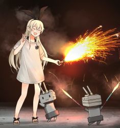Rule 34 | 1girl, ^ ^, alternate costume, annin musou, bad id, bad twitter id, blonde hair, closed eyes, fireworks, grey shirt, hair between eyes, holding, holding fireworks, kantai collection, long hair, open mouth, rensouhou-chan, shimakaze (kancolle), shirt, short sleeves, smile, v