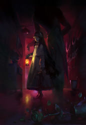 Rule 34 | 1boy, 1girl, backlighting, barefoot, brown hair, commentary, creepy, dark, dress, flower, hairband, hallway, hat, holding, holding clothes, holding hat, horror (theme), indoors, kzcjimmy, lantern, long hair, looking to the side, original, painting (object), rose, size difference, vase