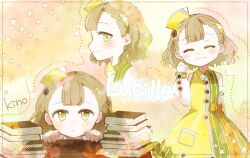 Rule 34 | 1girl, artist name, atelier (series), atelier escha &amp; logy, blunt bangs, blush, book, book stack, bow, character name, closed eyes, closed mouth, detached sleeves, dress, green eyes, hair ornament, hat, highres, kino te, light brown hair, looking at viewer, lucille ernella, multiple views, pocket, profile, short hair, smile, solo, table, two-tone dress, yellow hat