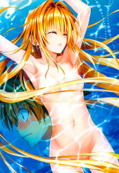 Rule 34 | 10s, 1boy, 1girl, absurdres, afloat, armpits, arms up, blonde hair, blush, breasts, censored, convenient censoring, closed eyes, floating, floating hair, hair censor, highres, konjiki no yami, long hair, navel, nude, parted lips, small breasts, to love-ru, to love-ru darkness, very long hair, water, wet, yabuki kentarou, yuuki rito