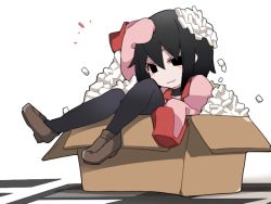 Rule 34 | 1girl, black eyes, black hair, black pantyhose, black undershirt, blush stickers, bob cut, box, brown footwear, cardboard box, closed mouth, commentary, empty eyes, hammer (sunset beach), hand on own head, in box, in container, light smile, loafers, looking at viewer, monogatari (series), oshino ougi, packing peanuts, pantyhose, pink shirt, school uniform, shirt, shoes, short hair, sitting, sleeves past fingers, sleeves past wrists, solo, turtleneck, white background