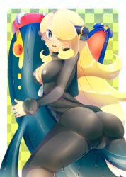 Rule 34 | 1girl, ass, blonde hair, breasts, center opening, cleavage, covered erect nipples, creatures (company), cynthia (pokemon), eelektross, game freak, garchomp, gen 4 pokemon, gen 5 pokemon, hair over one eye, large breasts, naoto (yandereheaven), nintendo, open mouth, pokemon, pokemon (creature), smile, solo, sweatdrop, wet, white eyes