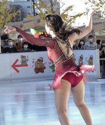 Rule 34 | 1girl, audience, building, figure skating, figure skating dress, honda miyu, ice skating, leotard, leotard peek, photo (medium), red leotard, skating, upskirt