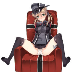 Rule 34 | 10s, 1girl, anchor hair ornament, bad id, bad pixiv id, blonde hair, blush, breasts, chair, covered erect nipples, cross, feet, full body, gloves, green eyes, hair ornament, hat, highres, iron cross, kantai collection, long hair, looking at viewer, military, military uniform, no shoes, panties, peaked cap, pleated skirt, prinz eugen (kancolle), simple background, sitting, skirt, small breasts, solo, spread legs, tama (tamatamo), tears, thighhighs, twintails, underwear, uniform, white gloves, white panties