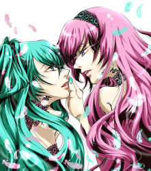 Rule 34 | 2girls, aqua eyes, aqua hair, aqua nails, blue eyes, butterfly wings, earrings, eye contact, face-to-face, feathers, hairband, hatsune miku, highres, insect wings, jewelry, lace, long hair, looking at another, magnet (vocaloid), megurine luka, multiple girls, nail polish, pink hair, twintails, uico, vocaloid, wings, yuri