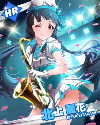 Rule 34 | 10s, 1girl, ;), blue hair, brown eyes, character name, gloves, hat, idolmaster, idolmaster million live!, instrument, kitakami reika, long hair, looking at viewer, official art, one eye closed, petals, saxophone, skirt, smile, stage lights, twintails, uniform, wink