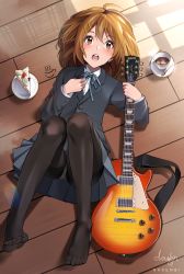 Rule 34 | 1girl, absurdres, ahoge, artist name, black jacket, black pantyhose, blazer, blue ribbon, blue skirt, brown eyes, brown hair, cake, commentary, cup, dress shirt, electric guitar, food, from above, full body, guitar, hair ornament, hairclip, highres, hirasawa yui, huge filesize, instrument, jacket, k-on!, looking at viewer, looking up, lying, messy hair, nasenbi, neck ribbon, on back, on floor, open mouth, panties, panties under pantyhose, pantyhose, pantyshot, pink lips, plate, pleated skirt, reflection, refraction, ribbon, round teeth, school uniform, shirt, short hair, signature, skirt, solo, spoon, tea, teacup, teeth, thighs, toes, underwear, uniform, white panties, white shirt, wooden floor
