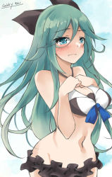 Rule 34 | bikini, black bikini, black bow, blue background, blush, bow, breasts, dated, embarrassed, frilled bikini, frills, frown, gakky, green hair, hair between eyes, hair bow, hair flaps, hair ornament, hair ribbon, hairclip, hands on own chest, kantai collection, long hair, medium breasts, navel, ponytail, ribbon, signature, swimsuit, two-tone background, white background, yamakaze (kancolle)