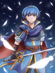 Rule 34 | 1boy, armor, blue eyes, blue hair, cape, fingerless gloves, fire emblem, fire emblem: mystery of the emblem, fire emblem: new mystery of the emblem, fire emblem: shadow dragon, fire emblem: shadow dragon and the blade of light, gloves, highres, holding, holding sword, holding weapon, male focus, marth (fire emblem), nintendo, solo, sword, tiara, weapon