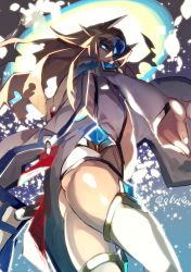 Rule 34 | 1girl, ass, blazblue, blazblue: continuum shift, blonde hair, blue eyes, cape, from side, glowing, glowing eyes, hyakuhachi (over3), long hair, long sleeves, looking at viewer, mu-12, revealing clothes, solo, thighhighs, twitter username