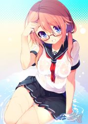 Rule 34 | 1girl, arm support, blue eyes, blush, breasts, chiri (atlanta), chiriko (atlanta), covered erect nipples, eyebrows, from above, full body, glasses, hair between eyes, hand on own head, looking at viewer, low twintails, medium breasts, miniskirt, nipples, no bra, original, parted lips, pink hair, pleated skirt, school uniform, see-through, semi-rimless eyewear, sitting, skirt, solo, twintails, wet, wet clothes