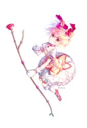 Rule 34 | 10s, 1girl, artist name, bad id, bad pixiv id, bow, choker, crying, flower, full body, gem, gloves, hair ribbon, hairband, holding, holding weapon, kaname madoka, kneehighs, magical girl, mahou shoujo madoka magica, mahou shoujo madoka magica (anime), pink footwear, pink hair, puffy short sleeves, puffy sleeves, red eyes, ribbon, rose, shoes, short sleeves, short twintails, simple background, socks, solo, soul gem, tears, tobbang, twintails, weapon, white background, white gloves, white socks