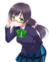 Rule 34 | 10s, 1girl, bespectacled, black hair, blazer, glasses, green eyes, jacket, long hair, looking at viewer, love live!, love live! school idol project, natsuki shuri, ribbon, school uniform, scrunchie, smile, solo, tojo nozomi, twintails
