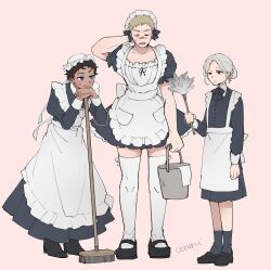 Rule 34 | 3boys, alternate costume, alternate hairstyle, apron, arm at side, arm behind head, artist name, ascot, black ascot, black dress, black eyes, black footwear, black hair, black socks, blonde hair, blue eyes, bucket, buttons, closed eyes, crossdressing, dress, dungeon meshi, duster, enmaided, expressionless, facing viewer, frilled apron, frills, full body, grey hair, hair bun, hat, highres, holding, holding bucket, holding duster, juliet sleeves, kabru, laios touden, leaning on broom, leaning on object, loafers, long sleeves, maid, maid apron, maid day, maid headdress, male focus, mary janes, mithrun, mob cap, multiple boys, ooomi, open mouth, pink background, puffy sleeves, shoes, short hair, signature, simple background, single hair bun, socks, sweatdrop, thighhighs, uneven eyes, white apron, white thighhighs