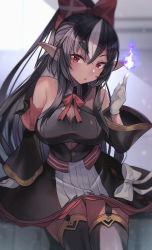 Rule 34 | 1girl, alternate hair color, bare shoulders, black dress, black hair, bow, breasts, crossed bangs, dark-skinned female, dark skin, detached sleeves, dress, elf, garter straps, gloves, hair bow, hand up, highres, hololive, large breasts, long hair, long sleeves, looking at viewer, matsumoto tomoyohi, multicolored hair, parted lips, pointy ears, ponytail, red bow, red eyes, shiranui flare, shiranui flare (1st costume), sitting, solo, streaked hair, very long hair, virtual youtuber, white gloves, white hair