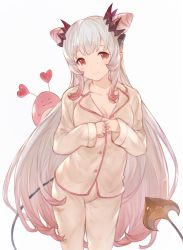 Rule 34 | 1girl, nanashi inc., beige shirt, blush, breasts, buttoning, buttons, cleavage, collarbone, commentary, cone hair bun, cowboy shot, demon girl, demon horns, demon tail, double bun, hair bun, hanarito, honey strap, horns, kanikama (honeystrap), large breasts, long hair, long sleeves, looking at viewer, multicolored hair, pajamas, pants, pink hair, red eyes, silver hair, simple background, smile, solo, standing, suou patra, tail, very long hair, virtual youtuber, white background