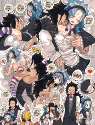 Rule 34 | 1boy, 2girls, ass, black hair, blonde hair, blue hair, blush, grabbing another&#039;s breast, breasts, clothed sex, english text, fairy tail, gajeel redfox, grabbing, highres, kiss, levy mcgarden, lucy heartfilia, maid, maid headdress, multiple girls, pantherlily, rusky, sequential, sex, tagme, text focus, underwear, waitress