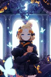 Rule 34 | 1girl, abigail williams (fate), abigail williams (traveling outfit) (fate), absurdres, backlighting, bandaid, bandaid on face, bandaid on forehead, belt, black bow, black jacket, blonde hair, blue eyes, blush, bow, breasts, bug, butterfly, closed mouth, crossed bandaids, fate/grand order, fate (series), forehead, hair bow, hair bun, heroic spirit traveling outfit, high collar, highres, holding, holding stuffed toy, insect, jacket, keyhole, long hair, long sleeves, looking at viewer, multiple hair bows, hugging object, official alternate costume, oni22, orange belt, orange bow, parted bangs, polka dot, polka dot bow, single hair bun, sleeves past fingers, sleeves past wrists, smile, solo, stuffed animal, stuffed toy, teddy bear, tentacles