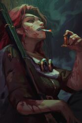 Rule 34 | 1girl, blood, blood on arm, blood on face, brown eyes, bullet, commentary, dao trong le, english commentary, goggles, gun, highres, holding, holding bullet, original, procreate (medium), red hair, short sleeves, smoke, smoking, solo, teeth, weapon