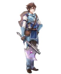 Rule 34 | 1boy, aged down, axe, brown eyes, brown gloves, brown hair, fire emblem, fire emblem awakening, fire emblem heroes, frederick (child) (fire emblem), frederick (fire emblem), frown, gloves, highres, holding, holding axe, looking at viewer, nintendo, non-web source, pebble, pouch, shield, shield on back, short hair, solo, tachi-e, tagme, v-shaped eyebrows