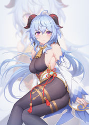 Rule 34 | 1girl, absurdres, ahoge, ass, bare shoulders, bell, black pantyhose, blue hair, blush, bow, breasts, chinese knot, detached sleeves, flower knot, ganyu (genshin impact), genshin impact, gold trim, highres, horns, light smile, long hair, looking at viewer, medium breasts, neck bell, no gloves, pantyhose, purple eyes, sideboob, sidelocks, sitting, solo, tassel, thighlet, vision (genshin impact), waist cape, white sleeves, ye-z-jing