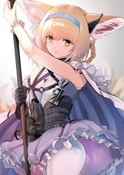 Rule 34 | 1girl, absurdres, animal ears, arknights, black gloves, blonde hair, blue dress, blue hairband, commentary request, dress, earpiece, fox ears, fox tail, frilled dress, frills, gloves, green eyes, hair rings, hairband, highres, holding, holding staff, id card, infection monitor (arknights), lanyard, long hair, looking at viewer, material growth, multiple tails, oripathy lesion (arknights), pantyhose, single glove, single wrist cuff, sleeveless, sleeveless dress, solo, staff, suzuran (arknights), tail, take (trude1945oneetyan), white pantyhose, wrist cuffs