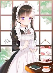 Rule 34 | 1girl, amick (americanomix), apron, black hair, blunt bangs, book, closed mouth, cup, holding, holding teapot, juliet sleeves, light blush, long hair, long sleeves, maid, maid apron, maid headdress, original, puffy sleeves, purple eyes, solo, sweat, table, teacup, teapot, twintails, upper body
