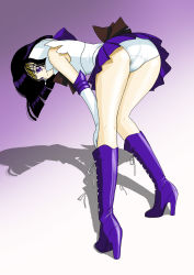 Rule 34 | 1990s (style), 1girl, ass, bent over, bishoujo senshi sailor moon, black hair, bob cut, boots, bow, brown bow, doggystyle invitation, earrings, elbow gloves, gloves, hands on own knees, high heels, highres, jewelry, knee boots, legs, looking back, magical girl, miniskirt, mr. r (2ch&#039;s sailor moon thread), panties, pantyshot, partially visible vulva, presenting pussy, purple eyes, purple footwear, purple high heels, purple skirt, retro artstyle, sailor saturn, school uniform, serafuku, shadow, shoes, skirt, solo, tiara, tomoe hotaru, underwear, upskirt, white gloves, white panties