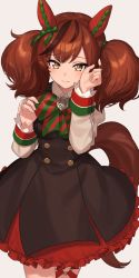 Rule 34 | 1girl, animal ears, bad id, bad twitter id, blush, bow, bowtie, brown hair, buttons, character name, chorefuji, closed mouth, copyright name, diagonal-striped bow, dress, frills, hair tie, hands up, highres, leg ribbon, long hair, long sleeves, looking at viewer, multicolored hair, nice nature (umamusume), raised eyebrows, ribbon, shirt, smile, solo, streaked hair, tail, twintails, two-tone bowtie, umamusume, white shirt, yellow eyes