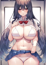 Rule 34 | 1girl, :o, black hair, blue skirt, bow, bowtie, bra, breasts, clothes lift, dress shirt, highres, large breasts, liya, long hair, miniskirt, original, panties, pleated skirt, red bow, red bowtie, red eyes, shirt, shirt lift, short sleeves, skindentation, skirt, skirt lift, solo, straight-on, thighs, underwear, very long hair, white bra, white panties, white shirt