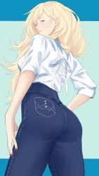 Rule 34 | 1girl, ass, blonde hair, blue eyes, blue pants, cowboy shot, denim, from behind, from below, highres, jeans, kantai collection, long hair, looking at viewer, looking back, mole, mole under eye, mole under mouth, nail polish, official alternate costume, pants, red nails, richelieu (kancolle), shingyou (alexander-13), shirt, short sleeves, smile, solo, standing, white shirt