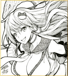 Rule 34 | 1girl, :d, breasts, cleavage, detached sleeves, frog hair ornament, greyscale, hair ornament, hair tubes, highres, ishida kazuma, kochiya sanae, large breasts, long hair, looking at viewer, monochrome, open mouth, shikishi, smile, solo, touhou, traditional media
