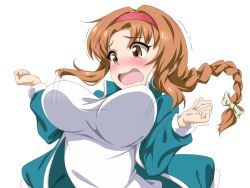 Rule 34 | 1girl, blush, bouncing breasts, bow, braid, breasts, brown eyes, brown hair, d-frag!, hair bow, hairband, jacket, large breasts, long hair, long sleeves, media factory, motion lines, ookanehira, open mouth, single braid, solo, takao (d-frag!), tears, track jacket, trembling, wavy mouth, white background