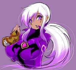 Rule 34 | 1girl, ben 10, breasts, charmcaster, large breasts, lipstick, long hair, makeup, open mouth, purple eyes, purple lips, silver hair