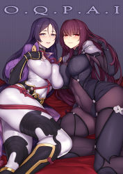 Rule 34 | 2girls, armor, asymmetrical docking, black gloves, blue eyes, blush, bodysuit, breast press, breasts, bright pupils, closed mouth, covered erect nipples, covered navel, evan yang, fate/grand order, fate (series), fingerless gloves, gloves, impossible bodysuit, impossible clothes, large breasts, light smile, long hair, looking at viewer, lying, minamoto no raikou (fate), multiple girls, on side, parted bangs, parted lips, pauldrons, purple hair, red eyes, scathach (fate), shoulder armor, turtleneck