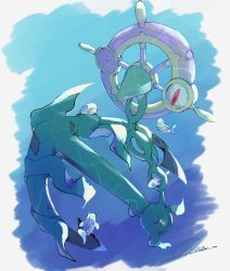 Rule 34 | absurdres, anchor, bad id, bad pixiv id, chain, commentary request, creatures (company), dhelmise, fish, game freak, gen 7 pokemon, highres, looking down, nintendo, no humans, pokemon, pokemon (creature), qua, red eyes, signature, solo, underwater, wishiwashi, wishiwashi (solo)