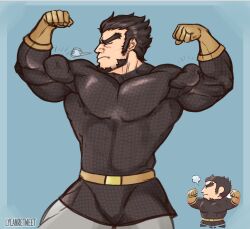 Rule 34 | 1boy, absurdres, artist request, bara, beard, black hair, breath, closed eyes, cropped legs, double biceps pose, facial hair, fire emblem, fire emblem: the sacred stones, flexing, gilliam (fire emblem), goatee, highres, large pectorals, long sideburns, male focus, mature male, muscular, muscular male, nintendo, pants, pectorals, reference inset, short hair, sideburns, solo, thick eyebrows, thick thighs, thighs, veins, veiny arms
