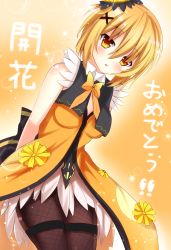 Rule 34 | 1girl, bare shoulders, blonde hair, bow, bowtie, breasts, calendula (flower knight girl), flower, flower knight girl, hair flower, hair ornament, haru blanc0316, highres, open mouth, ribbon, short hair, yellow eyes