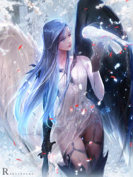 Rule 34 | 1girl, bird, blue hair, gloves, holding, holding weapon, lips, long hair, looking at animal, owl, ross tran, snow, thighs, weapon