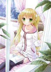 Rule 34 | 1girl, absurdres, artist request, black thighhighs, blonde hair, blush, book, book on lap, collarbone, from outside, green eyes, hair between eyes, hair ribbon, highres, layered skirt, long hair, looking at viewer, miniskirt, open book, original, parted lips, rain, ribbon, sitting, skirt, solo, sweater, thighhighs, two side up, very long hair, white ribbon, white skirt, white sweater, zettai ryouiki