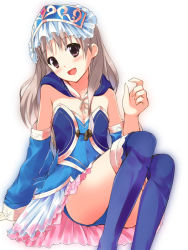 Rule 34 | 1girl, ass, atelier (series), atelier totori, bad id, bad pixiv id, blue footwear, blue thighhighs, blush, boots, brown eyes, brown hair, detached sleeves, dress, female focus, hair ornament, leotard, long hair, minidraco, open mouth, sitting, smile, solo, thigh boots, thighhighs, totooria helmold