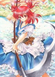 Rule 34 | 1girl, dress, frilled skirt, frills, glint, hair bobbles, hair ornament, layered dress, light smile, lips, looking at viewer, marker (medium), mountain, onozuka komachi, puffy short sleeves, puffy sleeves, red eyes, red hair, scythe, shore, short hair, short sleeves, skirt, solo, sparkle, tegaki no yuu, touhou, traditional media, twilight, twintails, two side up, water, wind