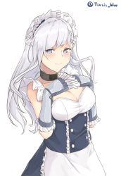 Rule 34 | 1girl, apron, arm guards, azur lane, bad id, bad pixiv id, belfast (azur lane), black dress, blue eyes, blush, braid, breasts, cleavage, collar, collarbone, cowboy shot, dress, elbow gloves, french braid, frilled apron, frills, gloves, hands on own chest, large breasts, long hair, looking at viewer, maid apron, maid headdress, own hands together, shiny skin, silver hair, simple background, sleeveless, sleeveless dress, solo, standing, tiasis, twitter username, waist apron, white apron, white background, white gloves
