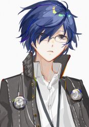 Rule 34 | 1boy, alternate costume, blue eyes, blue hair, collared shirt, cosplay, cropped arms, earbuds, earbuds around neck, earphones, expressionless, eyewear on head, glasses, grey background, highres, jacket, kobayashiyouyouko, looking to the side, male focus, narukami yuu, narukami yuu (cosplay), parted lips, persona, persona 3, shirt, short hair, solo, yuuki makoto (persona 3)