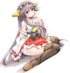 Rule 34 | 1girl, anbee (arary), bare shoulders, blush, brown footwear, brown thighhighs, detached sleeves, dutch angle, female focus, frilled skirt, frills, full body, half-closed eyes, hand on own face, hand up, haruna (kancolle), headgear, japanese clothes, kantai collection, long hair, looking at viewer, nontraditional miko, panties, purple hair, red skirt, ribbon-trimmed-sleeves, ribbon trim, shoes, simple background, sitting, skirt, smile, solo, thighhighs, underwear, very long hair, wariza, white background, white panties, yellow eyes