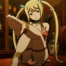 Rule 34 | 1girl, barefoot, blonde hair, fairy tail, fairy tail: dragon cry, feet, foot focus, gemini (fairy tail), harem outfit, jewelry, loincloth, looking at viewer, lucy heartfilia, screencap, smile, soles, thighs, toes, twintails