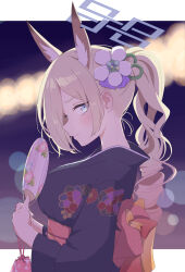 Rule 34 | 1girl, 4 m lacra, absurdres, animal ear fluff, animal ears, blue archive, blue eyes, blurry, commentary request, depth of field, dog ears, extra ears, flower, from side, hair flower, hair ornament, hair over one eye, halo, hand fan, highres, holding, holding fan, japanese clothes, kanna (blue archive), kimono, light brown hair, long hair, long sleeves, looking at viewer, looking to the side, night, night sky, obi, official alternate costume, official alternate hairstyle, outdoors, paper fan, parted bangs, ponytail, sash, sidelocks, sky, solo, uchiwa, wide sleeves, yukata