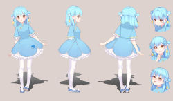 Rule 34 | 1girl, 779420, :o, absurdres, blue dress, blue footwear, blue hair, blush, character sheet, chinese clothes, dress, expressions, finger to mouth, frilled dress, frills, from behind, from side, full body, highres, leaning to the side, looking at viewer, medium hair, multiple views, nose blush, open mouth, original, pantyhose, petticoat, pink background, pom pom (clothes), shoes, short dress, short sleeves, simple background, standing, turnaround, two side up, wavy mouth, yellow eyes