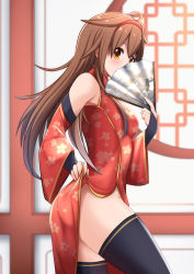 Rule 34 | 1girl, ahoge, alternate costume, blush, brown hair, china dress, chinese clothes, dress, folding fan, hairband, hand fan, highleg, highres, kantai collection, long hair, looking at viewer, selvalanch, shiratsuyu (kancolle)