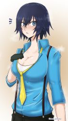 Rule 34 | 1girl, axel persona, blue eyes, blue hair, blush, breasts, cleavage, female focus, fingerless gloves, gloves, highres, large breasts, matching hair/eyes, persona, persona 4, shirogane naoto, short hair, solo, sweat